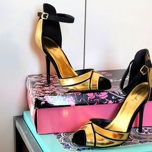 Black velvet and Gold Qupid heels